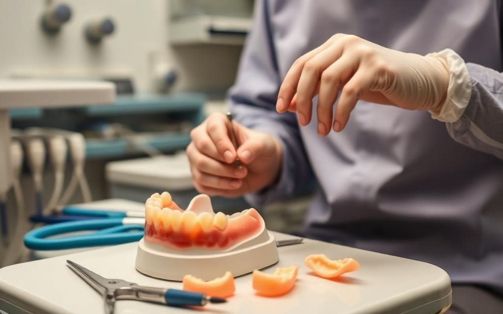 Dental technician repairing a broken denture at N6 Dental Platinum Highgate